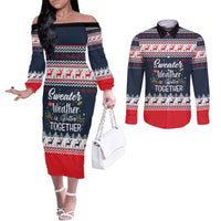 Sweater Weather Christmas Couples Matching Off The Shoulder Long Sleeve Dress and Long Sleeve Button Shirt with Better Together Quote and Reindeer Snowflake - Wonder Print Shop