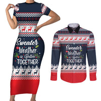 Sweater Weather Christmas Couples Matching Short Sleeve Bodycon Dress and Long Sleeve Button Shirt with Better Together Quote and Reindeer Snowflake - Wonder Print Shop