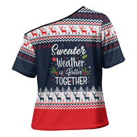 Sweater Weather Christmas Cross Shoulder Shirt with Better Together Quote and Reindeer Snowflake - Wonder Print Shop