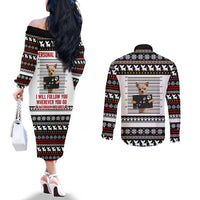 Chihuahua Personal Stalker Christmas Couples Matching Off The Shoulder Long Sleeve Dress and Long Sleeve Button Shirt Xmas Holiday Patterns - Wonder Print Shop