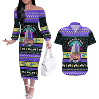 Christmas Party 1988 Nakatomi Plaza Couples Matching Off The Shoulder Long Sleeve Dress and Hawaiian Shirt Xmas Holiday Patterns - Wonder Print Shop