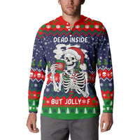 Dead Inside But Jolly Af Christmas Skeleton Button Sweatshirt Xmas Holiday Patterns - Wonder Print Shop