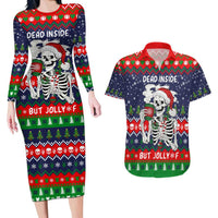 Dead Inside But Jolly Af Christmas Skeleton Couples Matching Long Sleeve Bodycon Dress and Hawaiian Shirt Xmas Holiday Patterns - Wonder Print Shop