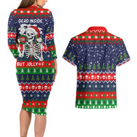 Dead Inside But Jolly Af Christmas Skeleton Couples Matching Long Sleeve Bodycon Dress and Hawaiian Shirt Xmas Holiday Patterns - Wonder Print Shop