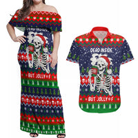 Dead Inside But Jolly Af Christmas Skeleton Couples Matching Off Shoulder Maxi Dress and Hawaiian Shirt Xmas Holiday Patterns - Wonder Print Shop
