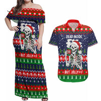 Dead Inside But Jolly Af Christmas Skeleton Couples Matching Off Shoulder Maxi Dress and Hawaiian Shirt Xmas Holiday Patterns - Wonder Print Shop