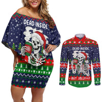 Dead Inside But Jolly Af Christmas Skeleton Couples Matching Off Shoulder Short Dress and Long Sleeve Button Shirt Xmas Holiday Patterns - Wonder Print Shop