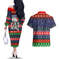 Dead Inside But Jolly Af Christmas Skeleton Couples Matching Off The Shoulder Long Sleeve Dress and Hawaiian Shirt Xmas Holiday Patterns - Wonder Print Shop