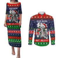 Dead Inside But Jolly Af Christmas Skeleton Couples Matching Puletasi and Long Sleeve Button Shirt Xmas Holiday Patterns - Wonder Print Shop