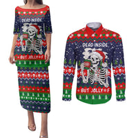 Dead Inside But Jolly Af Christmas Skeleton Couples Matching Puletasi and Long Sleeve Button Shirt Xmas Holiday Patterns - Wonder Print Shop