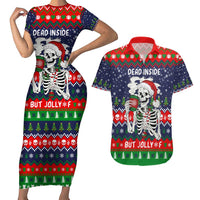 Dead Inside But Jolly Af Christmas Skeleton Couples Matching Short Sleeve Bodycon Dress and Hawaiian Shirt Xmas Holiday Patterns - Wonder Print Shop