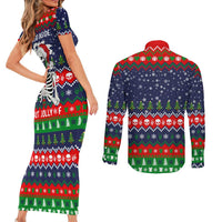 Dead Inside But Jolly Af Christmas Skeleton Couples Matching Short Sleeve Bodycon Dress and Long Sleeve Button Shirt Xmas Holiday Patterns - Wonder Print Shop