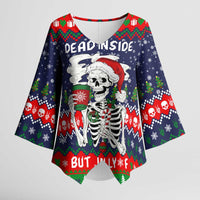 Dead Inside But Jolly Af Christmas Skeleton Kimono Sleeve Blouse Xmas Holiday Patterns - Wonder Print Shop