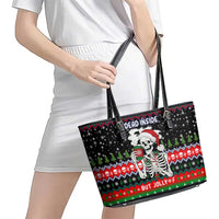 Dead Inside But Jolly Af Christmas Skeleton Leather Tote Bag Xmas Holiday Patterns - Wonder Print Shop