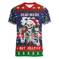 Dead Inside But Jolly Af Christmas Skeleton Women V-Neck T-Shirt Xmas Holiday Patterns - Wonder Print Shop