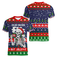 Dead Inside But Jolly Af Christmas Skeleton Women V-Neck T-Shirt Xmas Holiday Patterns - Wonder Print Shop