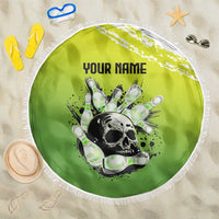 Personalized Skull Bowling Beach Blanket with Neon Green Strike Design - Edgy Bowler Style - Wonder Print Shop