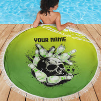 Personalized Skull Bowling Beach Blanket with Neon Green Strike Design - Edgy Bowler Style - Wonder Print Shop