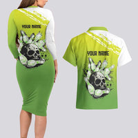 Personalized Skull Bowling Couples Matching Long Sleeve Bodycon Dress and Hawaiian Shirt with Neon Green Strike Design - Edgy Bowler Style - Wonder Print Shop