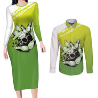 Personalized Skull Bowling Couples Matching Long Sleeve Bodycon Dress and Long Sleeve Button Shirt with Neon Green Strike Design - Edgy Bowler Style - Wonder Print Shop