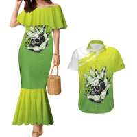 Personalized Skull Bowling Couples Matching Mermaid Dress and Hawaiian Shirt with Neon Green Strike Design - Edgy Bowler Style - Wonder Print Shop