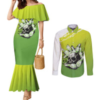 Personalized Skull Bowling Couples Matching Mermaid Dress and Long Sleeve Button Shirt with Neon Green Strike Design - Edgy Bowler Style - Wonder Print Shop