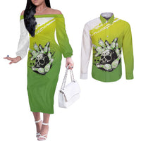 Personalized Skull Bowling Couples Matching Off The Shoulder Long Sleeve Dress and Long Sleeve Button Shirt with Neon Green Strike Design - Edgy Bowler Style - Wonder Print Shop