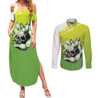 Personalized Skull Bowling Couples Matching Summer Maxi Dress and Long Sleeve Button Shirt with Neon Green Strike Design - Edgy Bowler Style - Wonder Print Shop