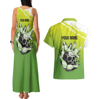 Personalized Skull Bowling Couples Matching Tank Maxi Dress and Hawaiian Shirt with Neon Green Strike Design - Edgy Bowler Style - Wonder Print Shop