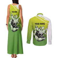 Personalized Skull Bowling Couples Matching Tank Maxi Dress and Long Sleeve Button Shirt with Neon Green Strike Design - Edgy Bowler Style - Wonder Print Shop