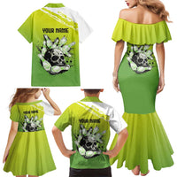 Personalized Skull Bowling Family Matching Mermaid Dress and Hawaiian Shirt with Neon Green Strike Design - Edgy Bowler Style - Wonder Print Shop