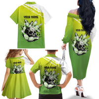 Personalized Skull Bowling Family Matching Off The Shoulder Long Sleeve Dress and Hawaiian Shirt with Neon Green Strike Design - Edgy Bowler Style - Wonder Print Shop