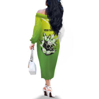 Personalized Skull Bowling Family Matching Off The Shoulder Long Sleeve Dress and Hawaiian Shirt with Neon Green Strike Design - Edgy Bowler Style - Wonder Print Shop