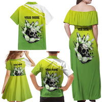 Personalized Skull Bowling Family Matching Off Shoulder Maxi Dress and Hawaiian Shirt with Neon Green Strike Design - Edgy Bowler Style - Wonder Print Shop