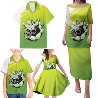 Personalized Skull Bowling Family Matching Puletasi and Hawaiian Shirt with Neon Green Strike Design - Edgy Bowler Style - Wonder Print Shop