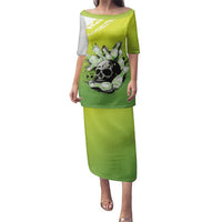 Personalized Skull Bowling Family Matching Puletasi and Hawaiian Shirt with Neon Green Strike Design - Edgy Bowler Style - Wonder Print Shop