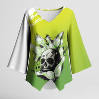 Personalized Skull Bowling Kimono Sleeve Blouse with Neon Green Strike Design - Edgy Bowler Style - Wonder Print Shop
