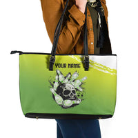 Personalized Skull Bowling Leather Tote Bag with Neon Green Strike Design - Edgy Bowler Style - Wonder Print Shop