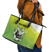Personalized Skull Bowling Leather Tote Bag with Neon Green Strike Design - Edgy Bowler Style - Wonder Print Shop