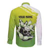 Personalized Skull Bowling Long Sleeve Button Shirt with Neon Green Strike Design - Edgy Bowler Style - Wonder Print Shop