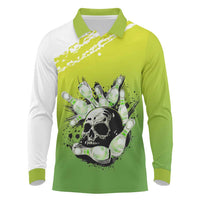 Personalized Skull Bowling Long Sleeve Polo Shirt with Neon Green Strike Design - Edgy Bowler Style - Wonder Print Shop