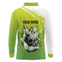 Personalized Skull Bowling Long Sleeve Polo Shirt with Neon Green Strike Design - Edgy Bowler Style - Wonder Print Shop