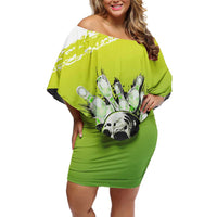 Personalized Skull Bowling Off Shoulder Short Dress with Neon Green Strike Design - Edgy Bowler Style - Wonder Print Shop