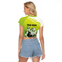 Personalized Skull Bowling Raglan Cropped T Shirt with Neon Green Strike Design - Edgy Bowler Style - Wonder Print Shop