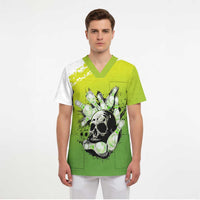 Personalized Skull Bowling Scrub Top with Neon Green Strike Design - Edgy Bowler Style - Wonder Print Shop