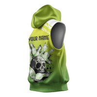 Personalized Skull Bowling Sleeveless Hoodie with Neon Green Strike Design - Edgy Bowler Style - Wonder Print Shop