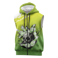 Personalized Skull Bowling Sleeveless Zip Hoodie with Neon Green Strike Design - Edgy Bowler Style - Wonder Print Shop