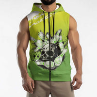 Personalized Skull Bowling Sleeveless Zip Hoodie with Neon Green Strike Design - Edgy Bowler Style - Wonder Print Shop