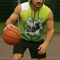Personalized Skull Bowling Sleeveless Zip Hoodie with Neon Green Strike Design - Edgy Bowler Style - Wonder Print Shop