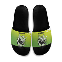 Personalized Skull Bowling Slide Sandals with Neon Green Strike Design - Edgy Bowler Style - Wonder Print Shop